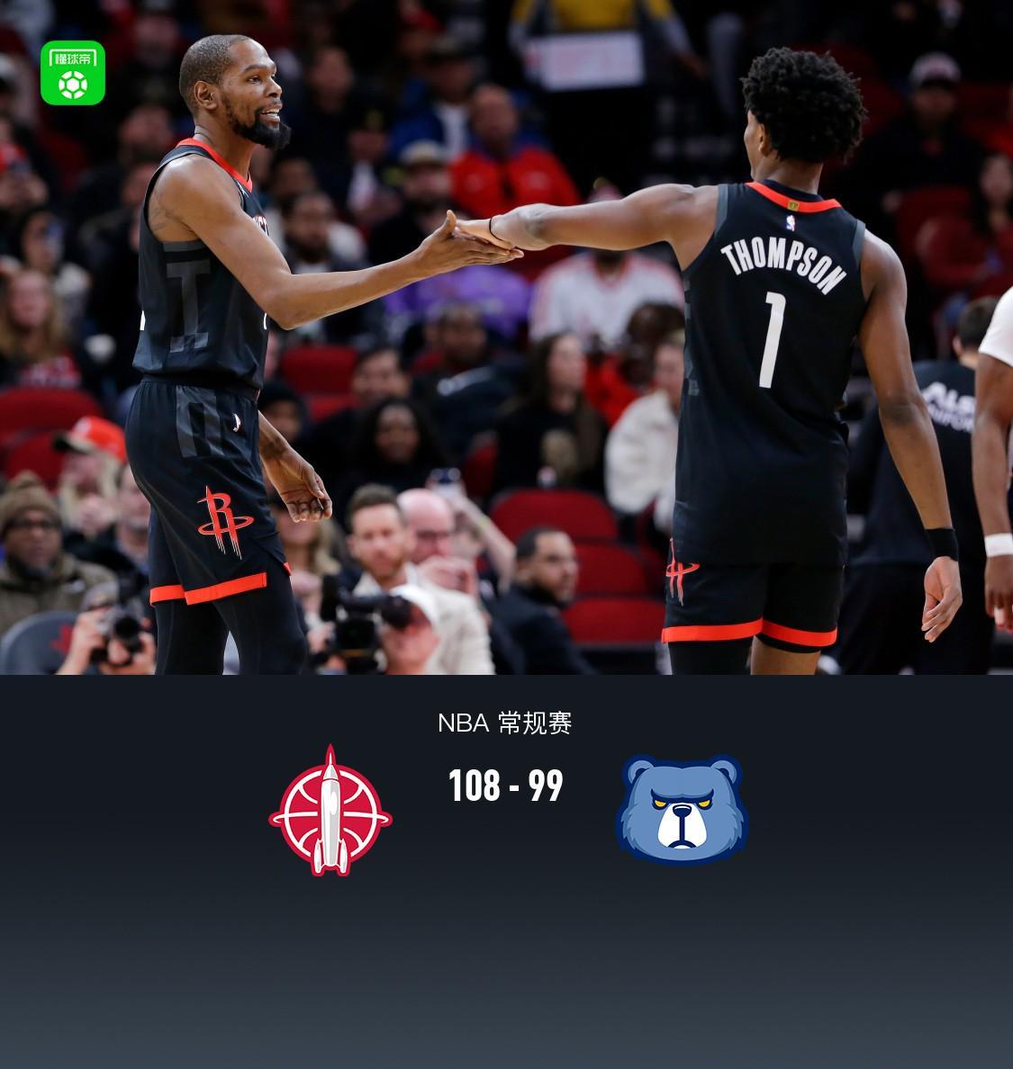 火箭108-99力克灰熊，杜兰特33+8，申京33+9+6